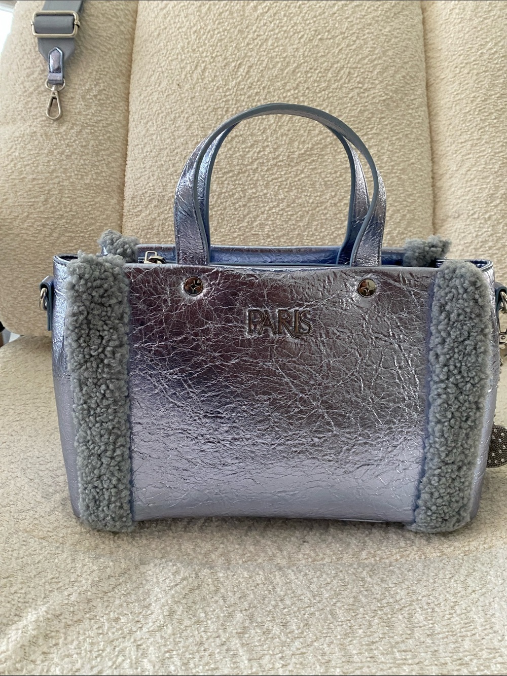 Paris Hilton Ice Blue Mini Tote with Shimmering Metallic Finish w/ Crossbody
